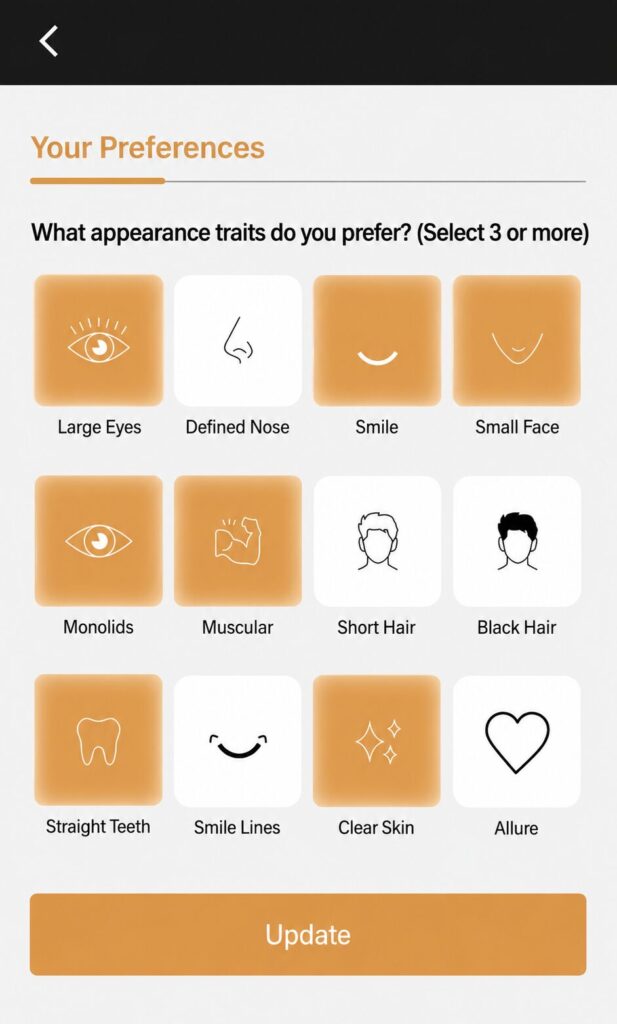 Screenshot of the Bachelor Date sign-up flow where users select at least three preferred appearance traits, such as Large Eyes, Smile, and Clear Skin, shown as icon tiles.