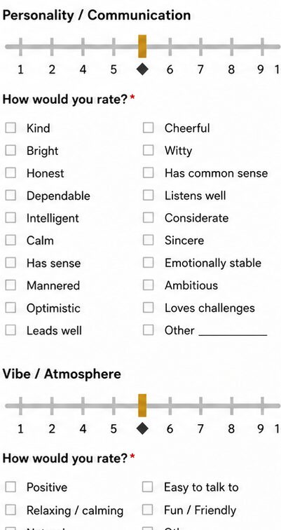 Bachelor Date evaluation form with sliders for rating Personality/Communication and Vibe/Atmosphere, plus checkbox lists of descriptive traits like Kind, Witty, and Easy to talk to.