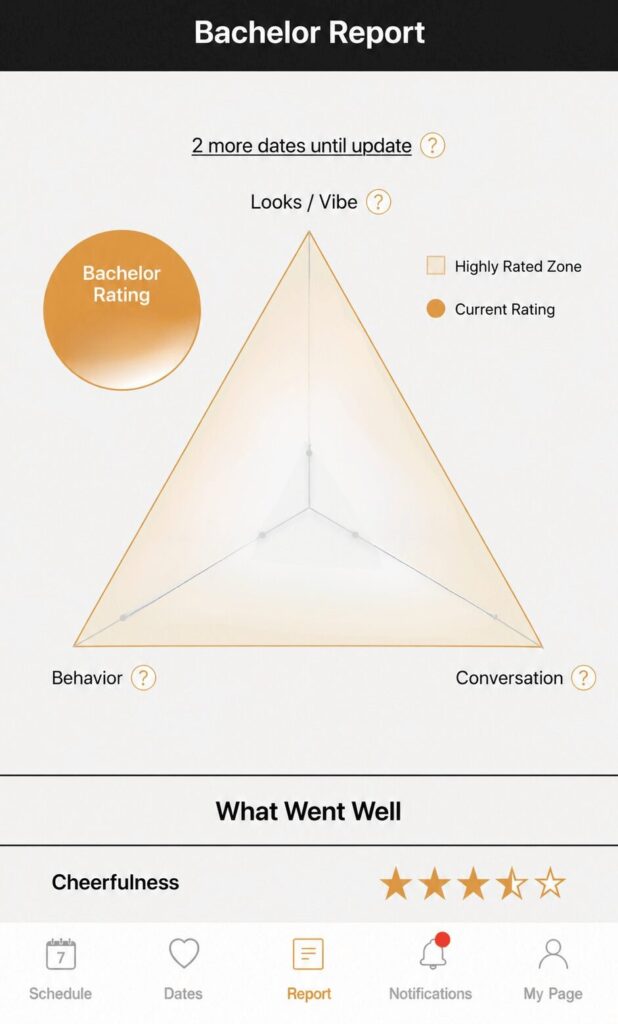 Bachelor Date app's triangle-shaped rating chart plotting a user's scores across Looks/Vibe, Behavior, and Conversation, with a note that two more dates are needed before the next update.