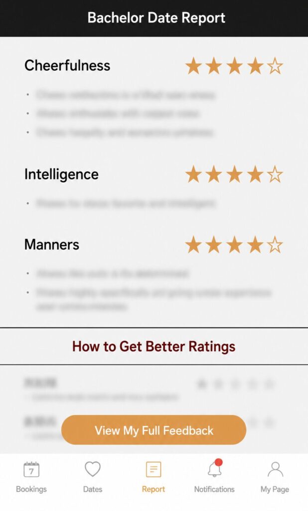 Bachelor Date report screen showing five-star ratings for Cheerfulness, Intelligence, and Manners, with a button to view full feedback.