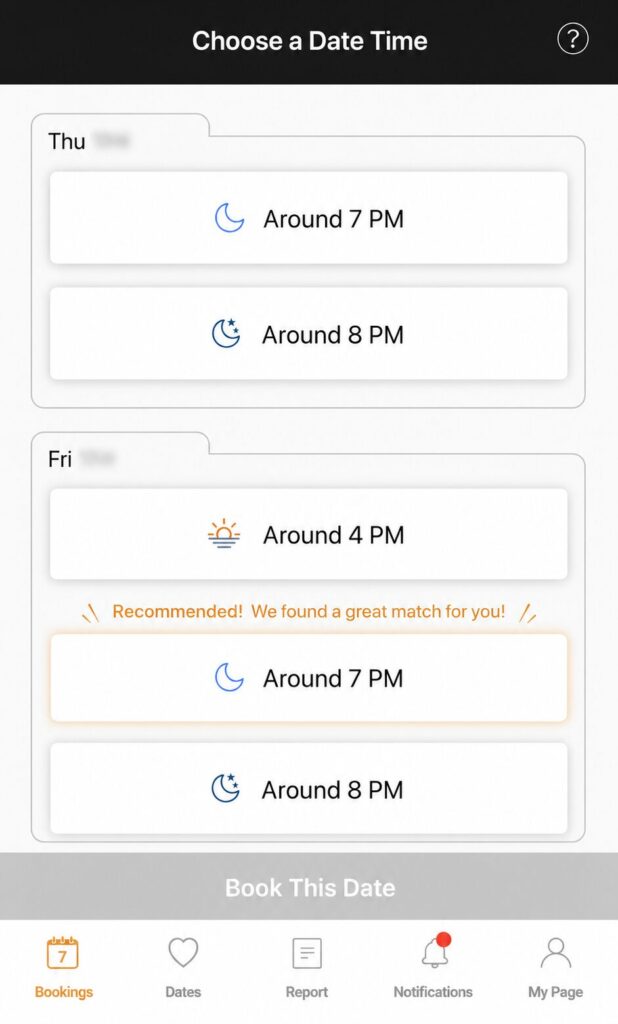 Bachelor Date app's booking screen showing available date and time slots across two days, with a recommended Friday 7 PM slot highlighted in orange.