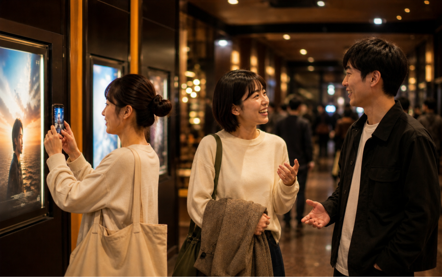 劇場のロビーでポスターをスマートフォンで撮影する女性と、笑顔で会話する男女2人を写した写真。