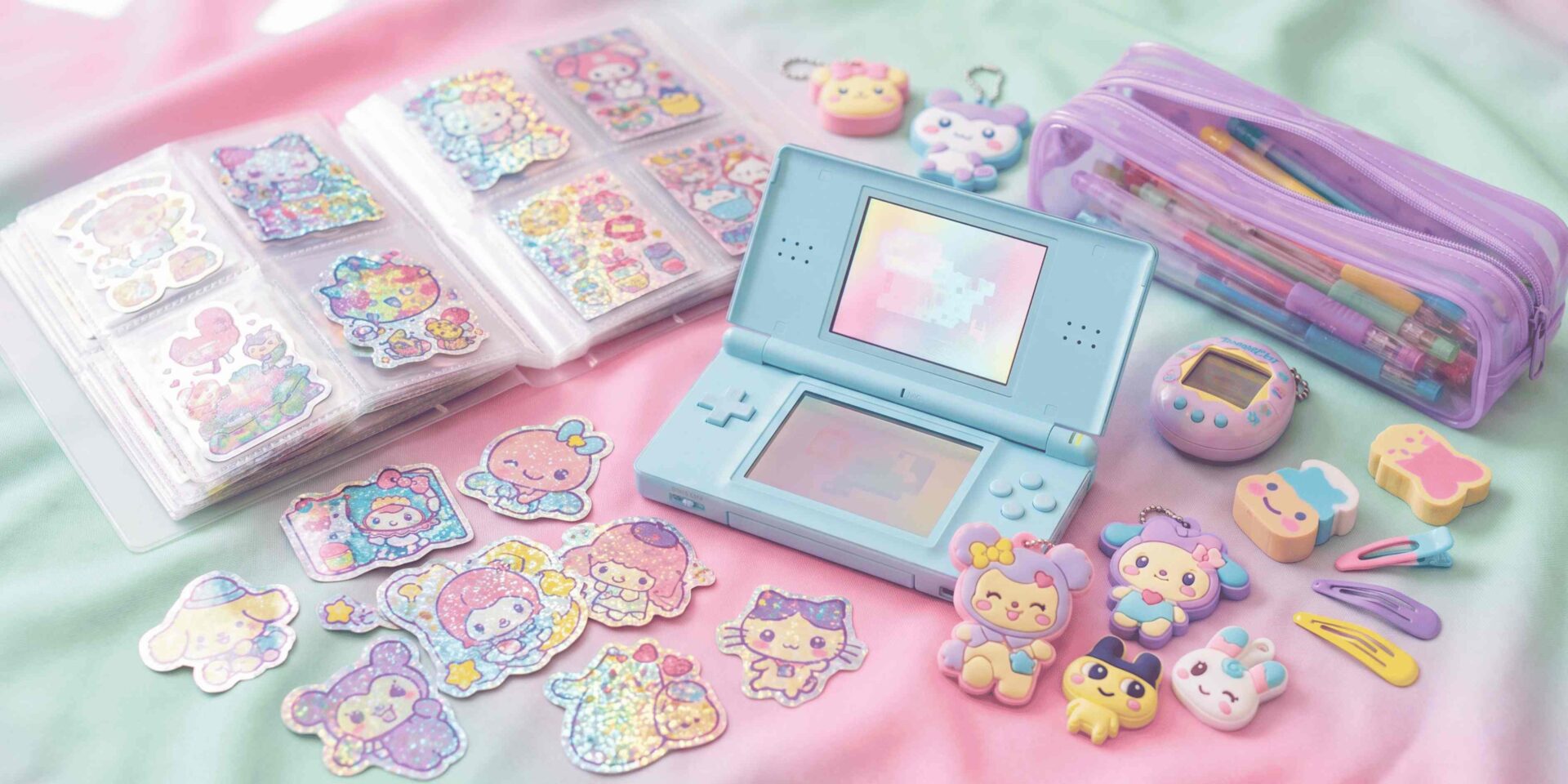 Flat-lay of Japanese Heisei retro items: holographic stickers, a Nintendo DS, and pastel character keychains on a pink and mint background